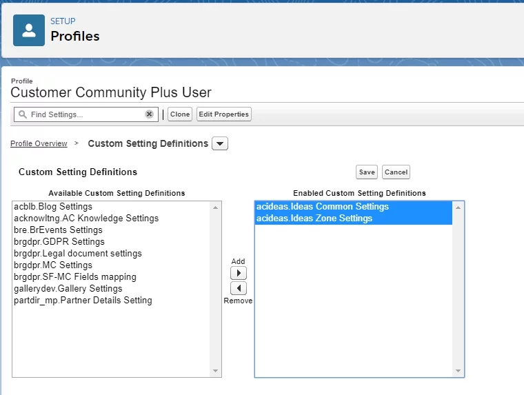  Enabled Custom Setting Definitions list