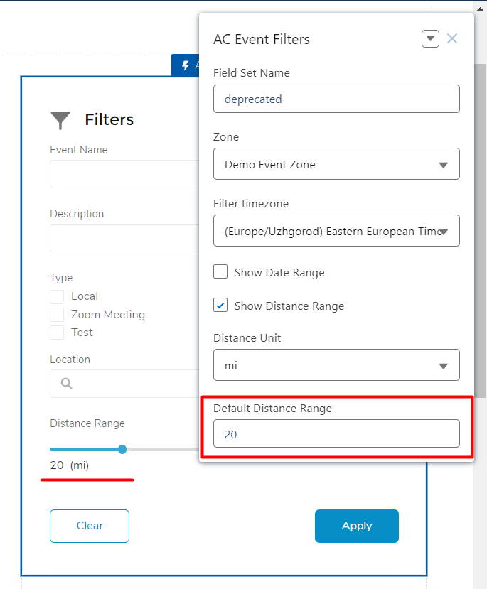 default distance range for the AC Event filters