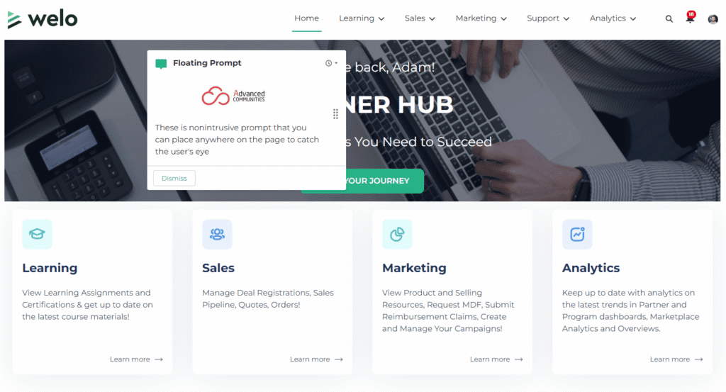 Floating prompt on the partner portal home page