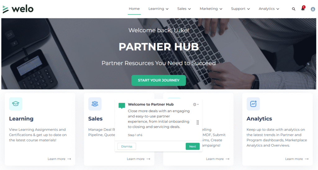 Walkthrough prompt on the partner portal home page